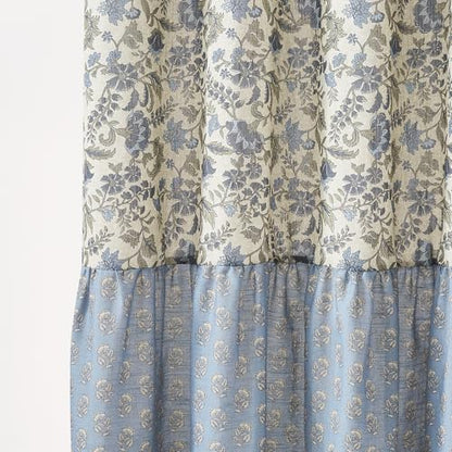 Lush Decor Lillian Block Print Linen Textured Shower Curtain Single 72" W x 72" L Blue & Sage - Vintage Floral Shower Curtains - Ruffled Bath Curtain