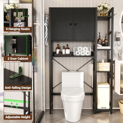 Over The Toilet Storage Cabinet with Doors - 7 Tier Bathroom Organizer with Adjustable Shelf, Freestanding Space Saver Rack Above Toilet Stand with 4 Hooks for Bathroom, Restroom, Laundry, Black
