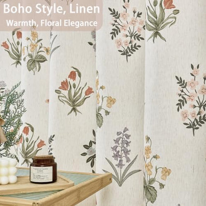 ORTIGIA Linen Textured Shower Curtain with Tassels,Vintage Floral Boho Cottagecore Waterproof Bath Curtain Metal Hooks for Rustic Farmhouse Bathroom Decor 72x72 Inch