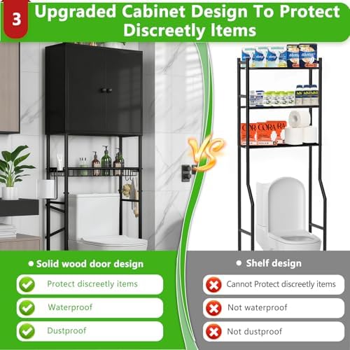 Over The Toilet Storage Cabinet - 2-Door Design Bathroom Organizers Shelf, Freestanding Space-Saver Above Toilet Storage Cabinet with Privacy Protection Rack, Water-Resistant Toilet Shelves (Black)