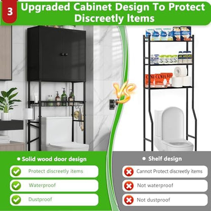 Over The Toilet Storage Cabinet - 2-Door Design Bathroom Organizers Shelf, Freestanding Space-Saver Above Toilet Storage Cabinet with Privacy Protection Rack, Water-Resistant Toilet Shelves (Black)
