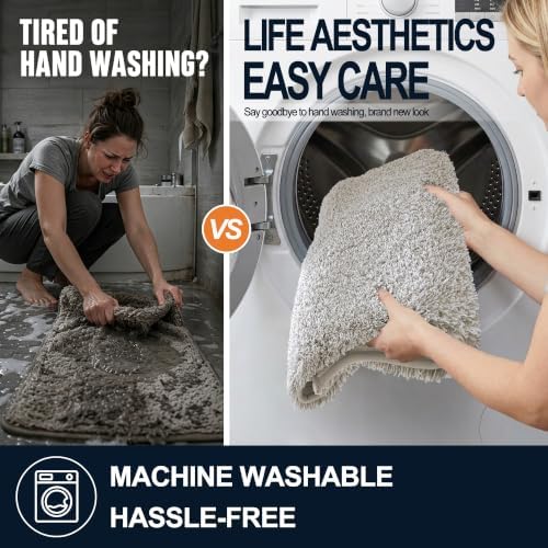 OLANLY Microfiber Bathroom Rugs 47x17, Quick Dry Bath Mat, Greige and White