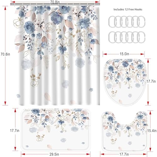 16 PCS Floral Shower Curtain Set with Rugs and 12 Hooks,120GSM Blue,72 x 72