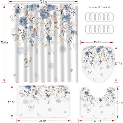 16 PCS Floral Shower Curtain Set with Rugs and 12 Hooks,120GSM Blue,72 x 72