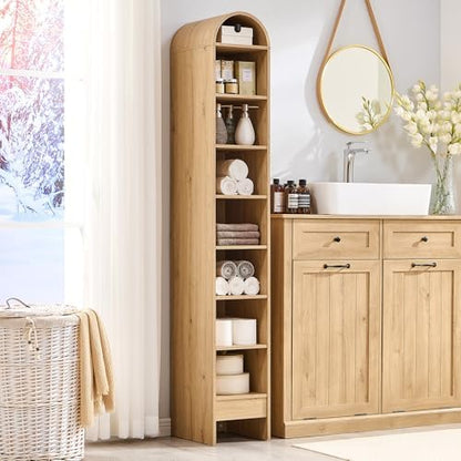 IFBUY 67" Tall Arched Bathroom Storage Cabinet, 8-Tier Modern Farmhouse Storage Cabinet with Adjustable Shelves, Wood Freestanding Cabinet for Bathroom, Living Room, Entryway, Hallway (Natural)