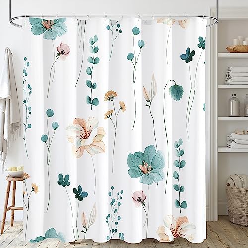 Gibelle Teal Beige Watercolor Floral Fabric Shower Curtain, 72x78