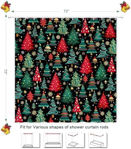 Shower Curtain Christmas, Holiday Shower Curtain Red Green Christmas Tree Snowflake ShowerCurtain Sets Waterproof Polyester Fabric Machine Washable Home Farmhouse Decor Bathroom Curtains