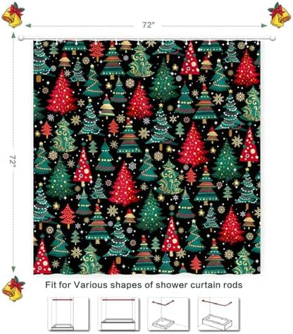 Shower Curtain Christmas, Holiday Shower Curtain Red Green Christmas Tree Snowflake ShowerCurtain Sets Waterproof Polyester Fabric Machine Washable Home Farmhouse Decor Bathroom Curtains