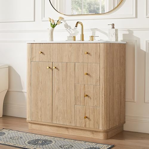 T4TREAM 36" Fluted Bathroom Vanity with Single Sink, Natural Oak