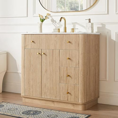 T4TREAM 36" Fluted Bathroom Vanity with Single Sink, Natural Oak