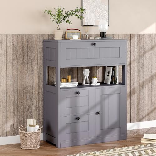 GRUSIGN Bathroom Cabinet, Modern Bathroom Floor Storage Cabinet Organizer with 1 Door and 3 Drawers, Freestanding Cupboard for Kitchen/Living Room Use