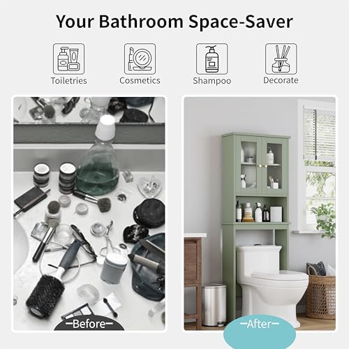 Shintenchi Over the Toilet Storage Cabinet, Bathroom Shelf Organizer with Anti-Tip Device Small Freestanding Space Saver with Adjustable Shelf and Glass Door, Green