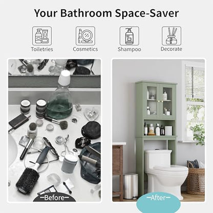 Shintenchi Over the Toilet Storage Cabinet, Bathroom Shelf Organizer with Anti-Tip Device Small Freestanding Space Saver with Adjustable Shelf and Glass Door, Green