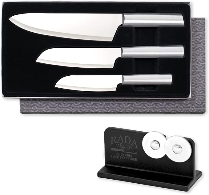 Rada Cutlery Chef Select Gift Set (S57), 3-Piece Knife Set with Quick Edge Sharpener (R119), Stainless Steel Blades, Silver Handle