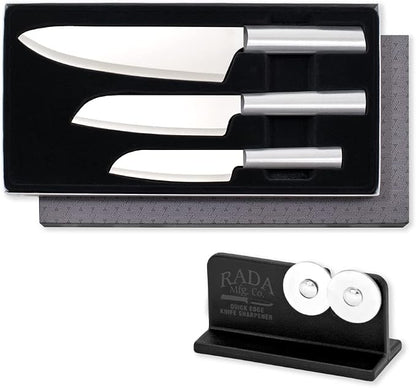 Rada Cutlery Chef Select Gift Set (S57), 3-Piece Knife Set with Quick Edge Sharpener (R119), Stainless Steel Blades, Silver Handle
