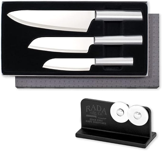 Rada Cutlery Chef Select Gift Set (S57), 3-Piece Knife Set with Quick Edge Sharpener (R119), Stainless Steel Blades, Silver Handle