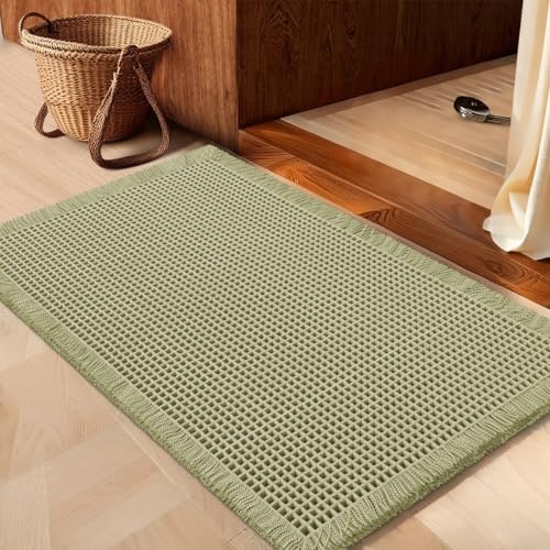 IM HOME Waffle Bath Mat Green 36"x24", Boho Woven Modern Bath Mat Rugs, Absorbent Non Slip Bathroom Rugs, Soft Washable Bath Rugs with Tassels for Bedroom, Kitchen, Shower, Tub