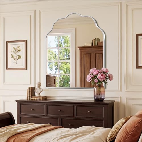Scalloped Arched Mirror, 30×36Inch Silver Bathroom Mirror, Wavy Wall Mounted Vanity Mirror with Aluminum Alloy Frame for Livingroom Bedroom and Entryway, Tempered Glass