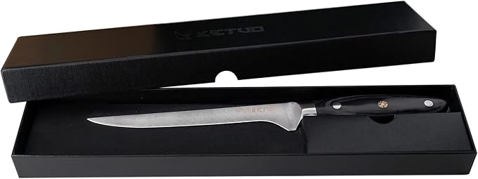 Ketuo Professional Chef Knife Damascus Carbon Steel with Laser Pattern Blade and Black Pakka Wood (7 Inch Boning Knife)