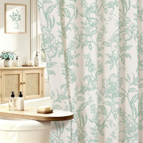 Teal Boho Linen Fabric Shower Curtain , Farmhouse Floral For Bathroom