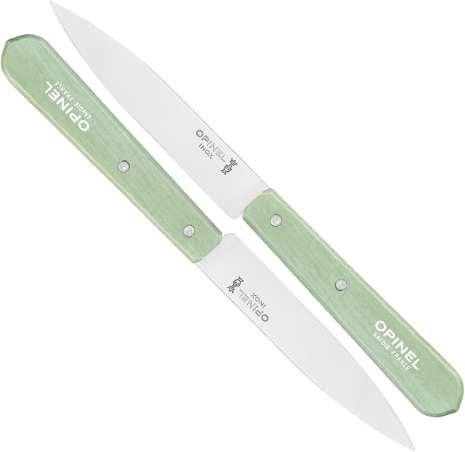 OPINEL No. 112 Paring Knives 2 Piece Set, Sandvik Steel Everyday Paring Knife, Wood Handles, Made in France (Sage Green)