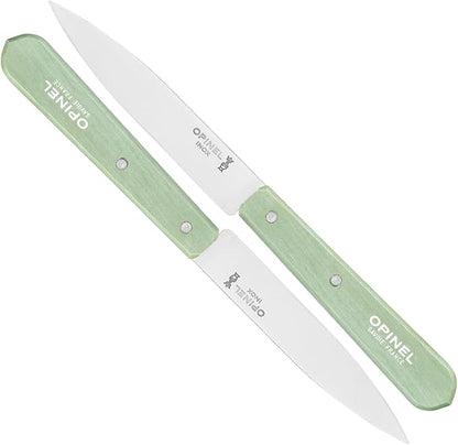 OPINEL No. 112 Paring Knives 2 Piece Set, Sandvik Steel Everyday Paring Knife, Wood Handles, Made in France (Sage Green)