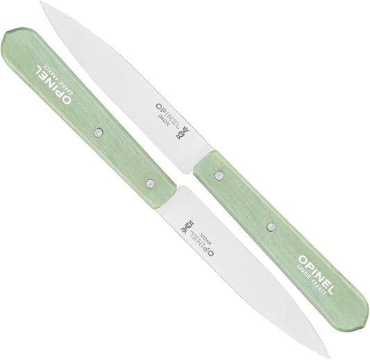 OPINEL No. 112 Paring Knives 2 Piece Set, Sandvik Steel Everyday Paring Knife, Wood Handles, Made in France (Sage Green)