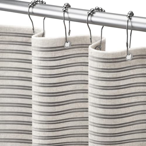 Farmhouse Striped Shower Curtain Horizontal Grey Vintage Linen 72"W X 72"L