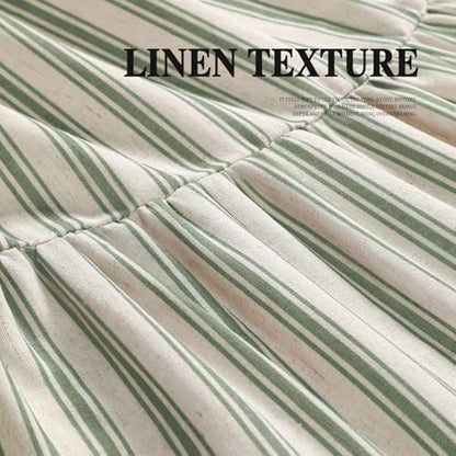 Farmhouse Shower Curtain Ruffle Linen Cream-Green Stripe 60"W x 72"L