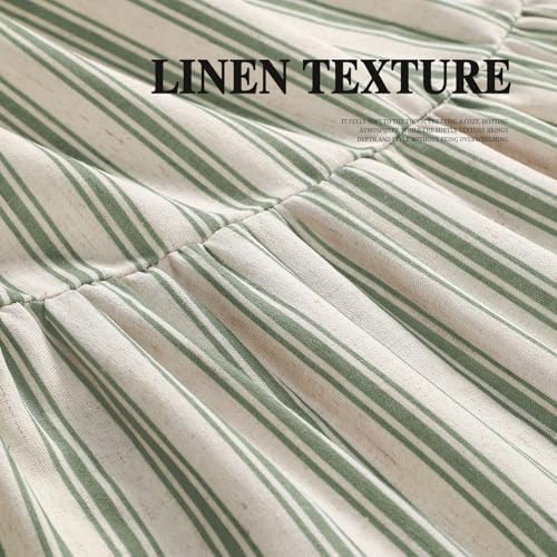 Farmhouse Shower Curtain Ruffle Linen Cream-Green Stripe 72"W x 90"L