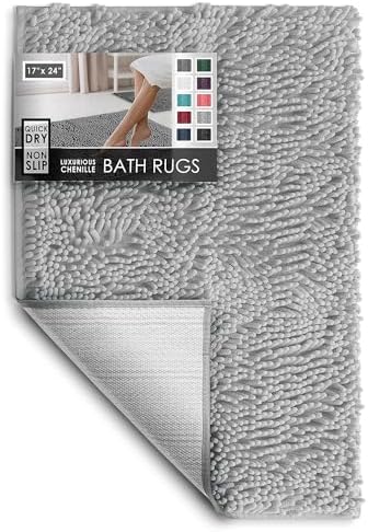 Hearth & Harbor Bathroom Rugs, Chenille Bath Mat - Machine Washable Bath Mats for Bathroom Non-Slip Backing Rubber, Quick Dry Bathroom Mat - Silver Bath Rug, 17x24