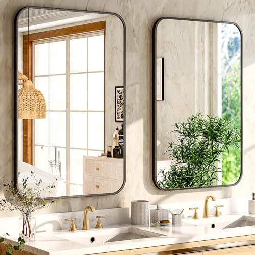 Easly 30 x 40 Inch Bathroom Mirror, Rounded Rectangular Vanity Mirror for Wall, Modern Mirror for Room Decor, Black Framed Wall-Mounted Mirrors for Home Decor, Hangs Horizontally or Vertically