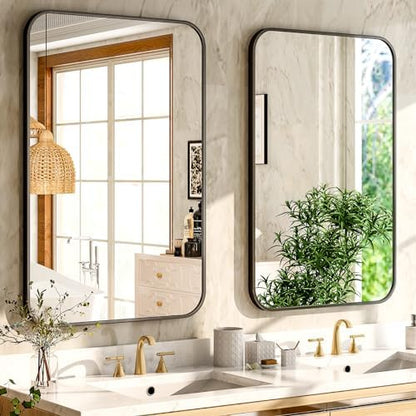 Easly 30 x 40 Inch Bathroom Mirror, Rounded Rectangular Vanity Mirror for Wall, Modern Mirror for Room Decor, Black Framed Wall-Mounted Mirrors for Home Decor, Hangs Horizontally or Vertically