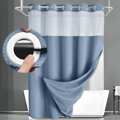 No Hook Shower Curtain with Liner Set Hotel Waffle Sky Blue 72W X 75L