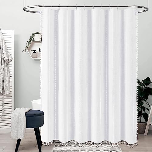 BTTN White Boho Farmhouse Linen Heavy Duty Cloth Shower Curtain Set, 72x72