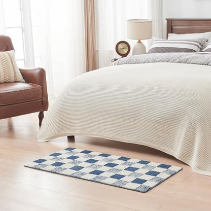 CozeCube Navy Blue Checkered Bath Mat 24"x16" Non Slip Washable Rug