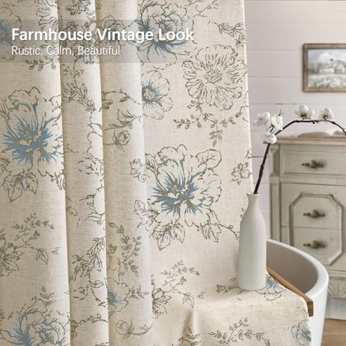 Farmhouse Floral Vintage Shower Curtain for Bathroom, Light Blue and Tan