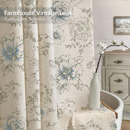 Farmhouse Floral Vintage Shower Curtain for Bathroom, Light Blue and Tan