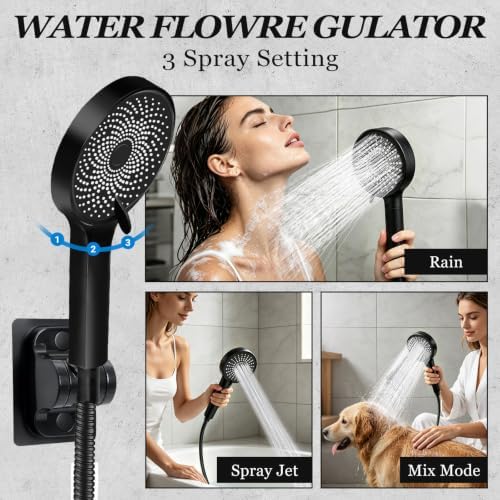 Shower Head,10”Rain Shower Head with Handheld Spray Combo with 11'' Angle Adjustable Extension Arm/Flow Regulator/Shower System,High Pressure Rainfall Shower Head Clean Bathroom,Matt Black