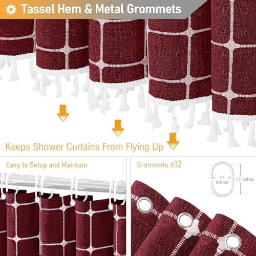 BTTN 72x78 Boho Farmhouse Linen Heavy Duty Fabric Shower Curtain, Burgundy