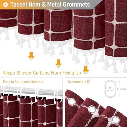 BTTN 72x78 Boho Farmhouse Linen Heavy Duty Fabric Shower Curtain, Burgundy