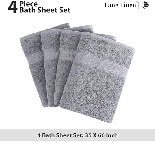 LANE LINEN Bath Sheets 100% Cotton 4 Pack Oversized Soft - Grey