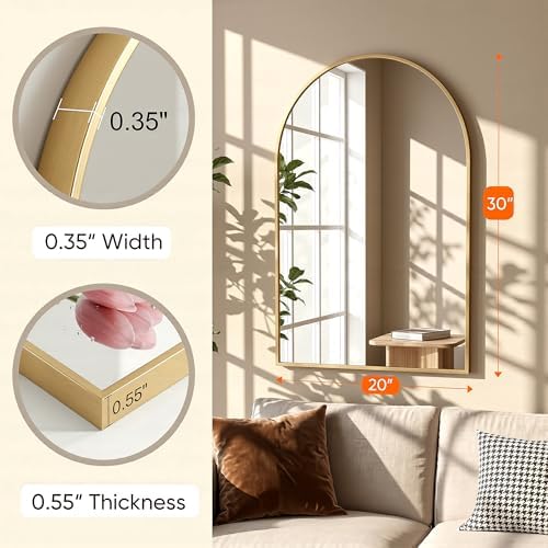 Antok Arched Bathroom Mirror, 20"x30" Wall Mounted Mirror, Vanity Mirrors for Over Sink, Aluminum Alloy Frame Bathroom Mirrors Living Room, Bedroom and Entryway, Gold