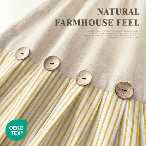 Farmhouse Shower Curtain Linen Button Yellow Stripe 72" W x 72" L