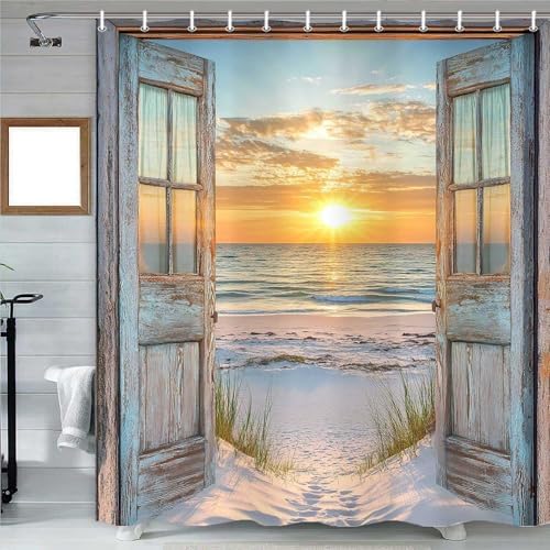 Beach Coastal Shower Curtain, Ocean Barn Door Nautical Sunrise Seaside Seascape Wave Decor Bath Curtains, Rustic Wood Teal Turquoise Bathroom Accessories Fabric Waterproof with Hooks, 47X64in