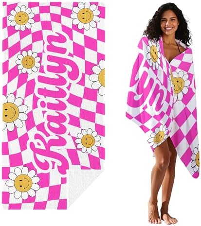 JML Personalized Beach Towel with Name, Custom Flower Beach Towel, Customized Microfiber Pool Towel, Quick Dry & Absorbent Swim Towel for Adult,Anniversary, Birthday, Summer Holiday,Vacation