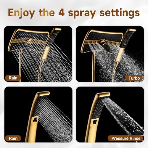 BRIGHT SHOWERS Dual Shower Head with Handheld, High Pressure Rainfall Shower Head Combo, 60-Inch Stainless Steel Hose, Brushed Gold