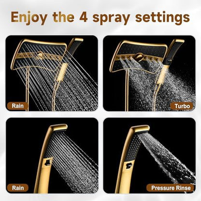 BRIGHT SHOWERS Dual Shower Head with Handheld, High Pressure Rainfall Shower Head Combo, 60-Inch Stainless Steel Hose, Brushed Gold