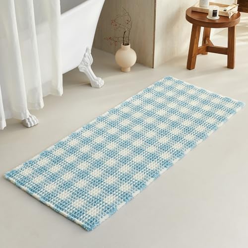 TYUU Waffle Runner Rug Bathroom, Long Cute Bath Mat, 60x24 Blue & White
