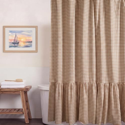 HunnmingRe Ruffle Hem Gingham Shower Curtain Taupe